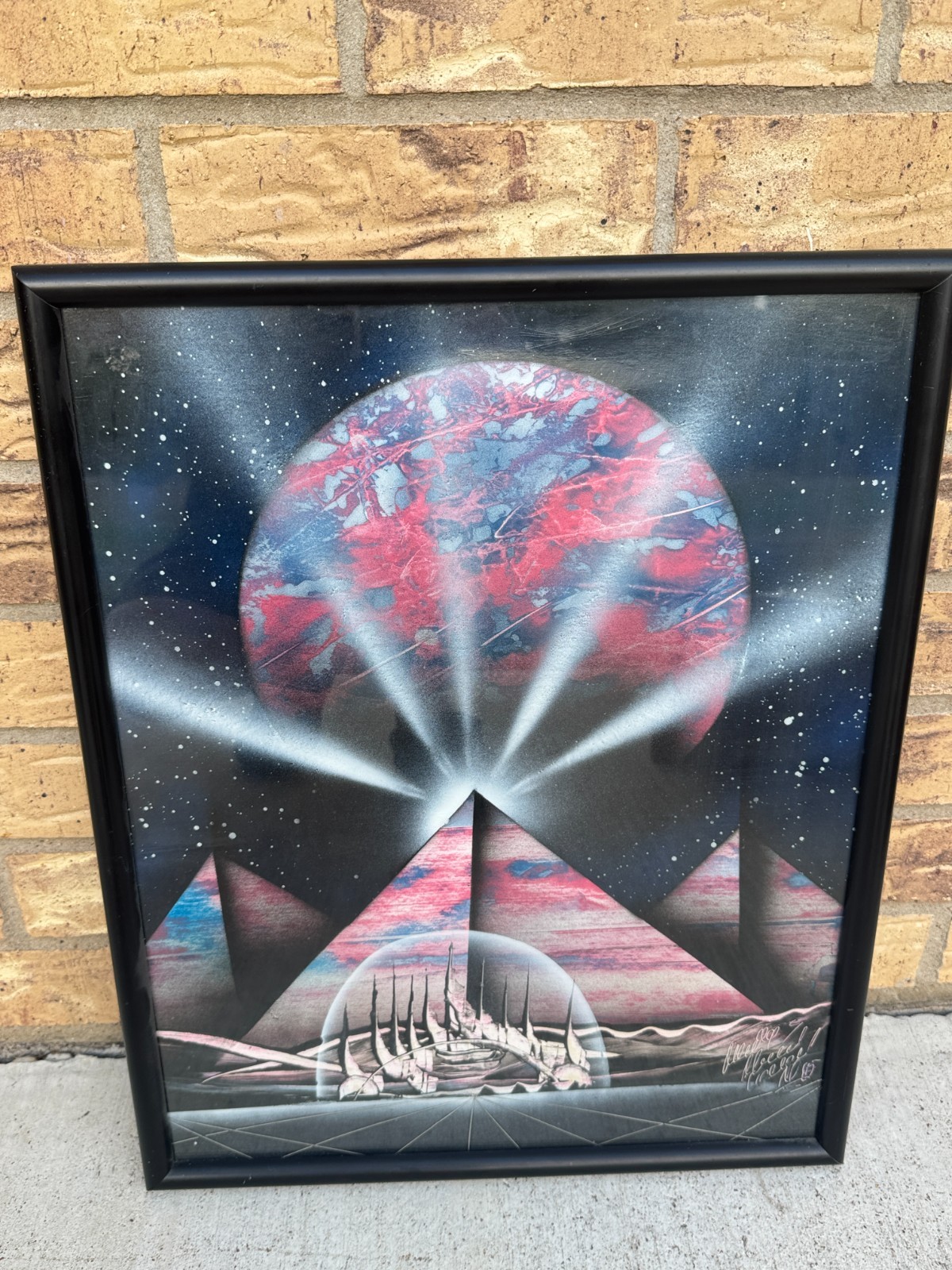 Original Spray Paint Art Painting Signed Pyramids Space like Planet Framed 16×20