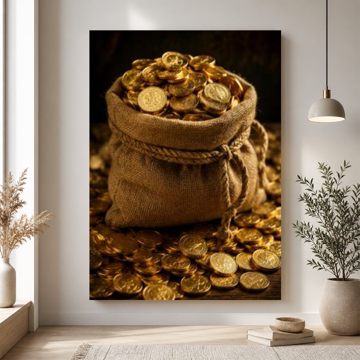 Gold Coins Money Bag Canvas Wall Art Wealth Treasure Print Rustic Luxury Home