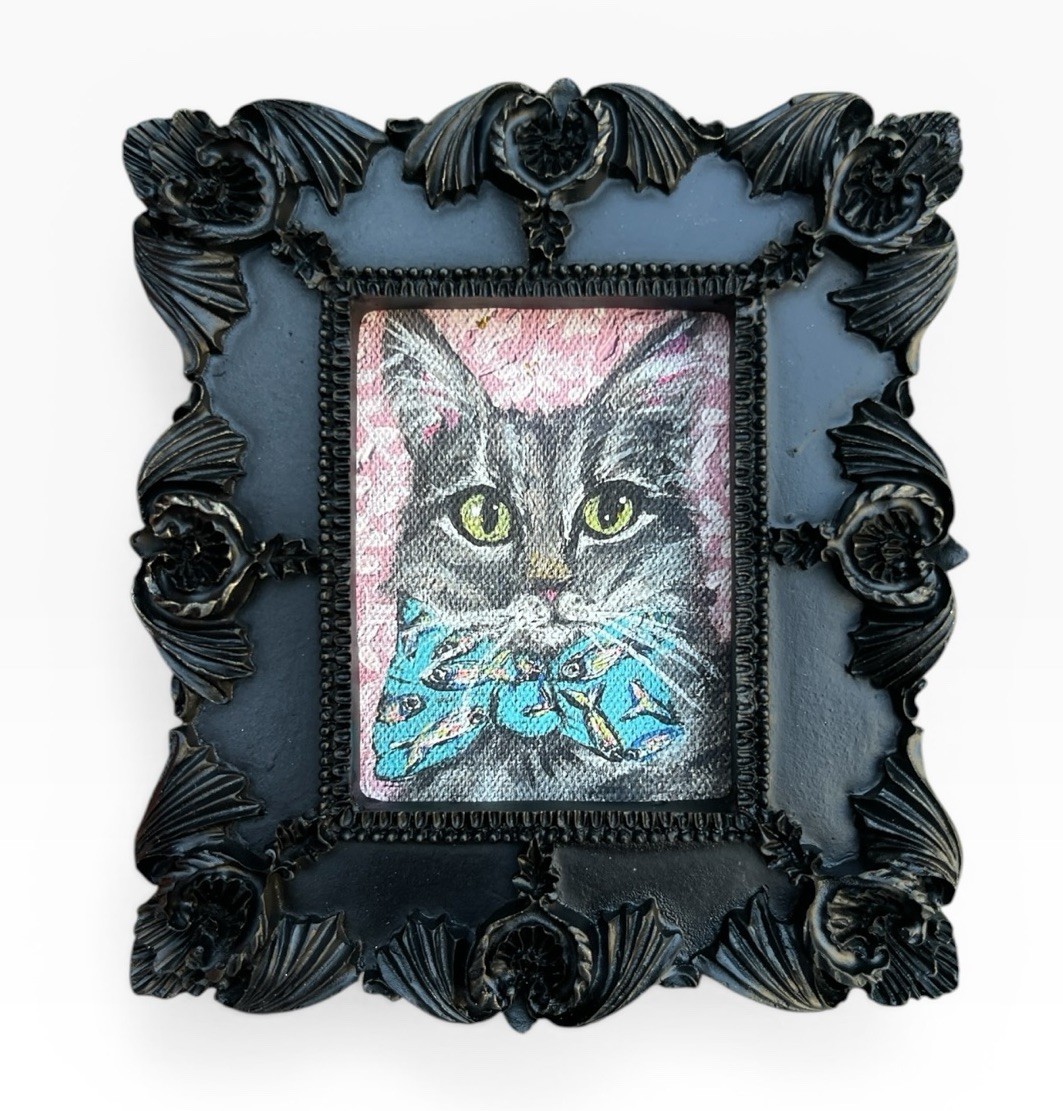 “Brunch Date” grey Tabby cat mini portrait wearing Sardine fish bow tie, framed