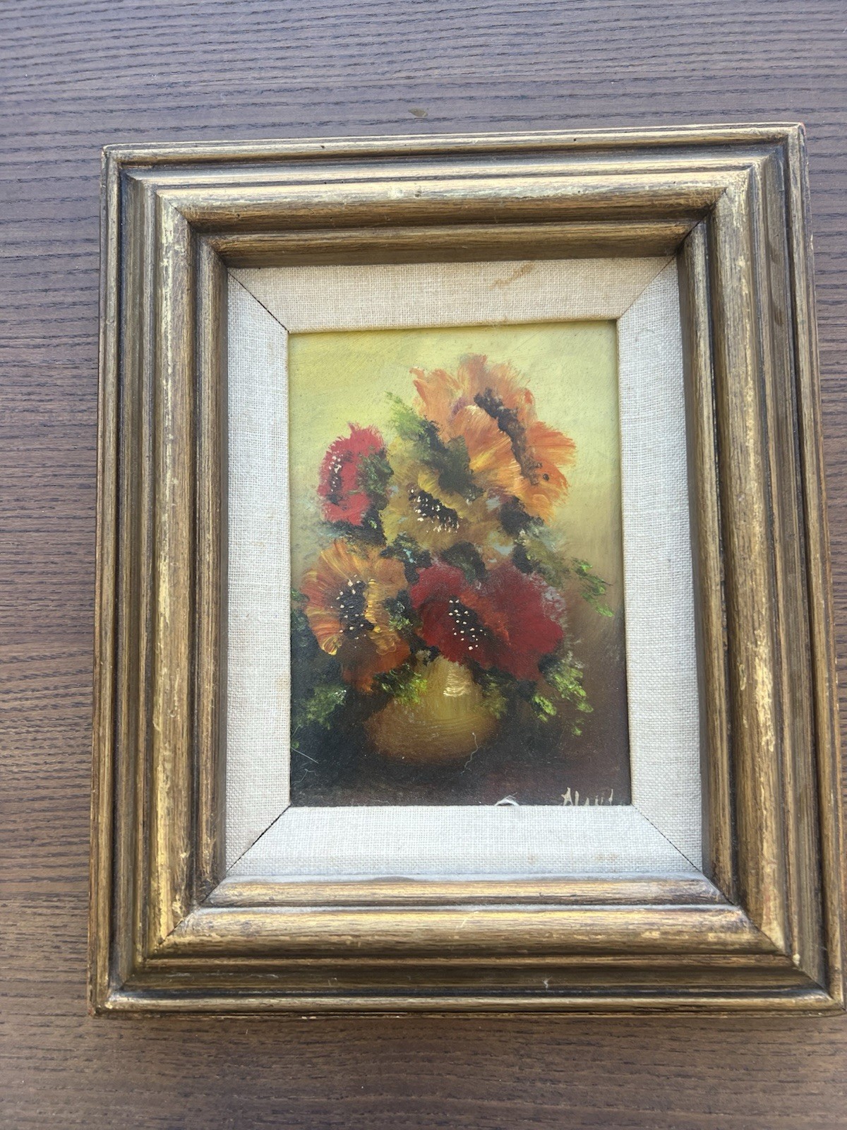 Vintage Signed Oil Painting Flowers Red Yellow Vase Gold Wood Panel Framed MCM