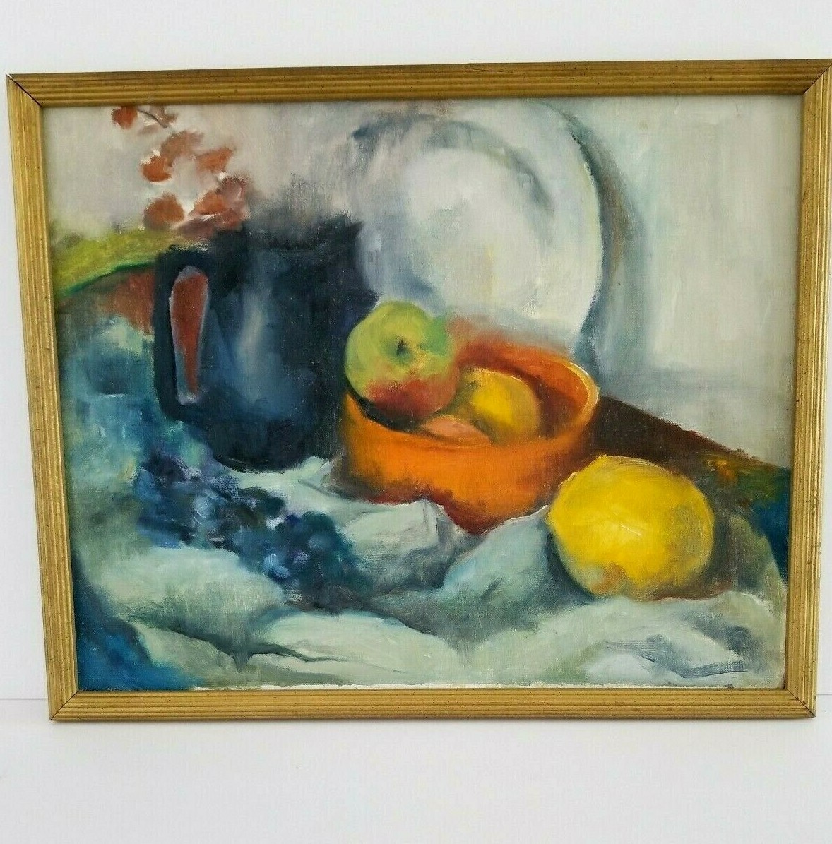 Original Artwork Still Life Painting on Board Unsigned Blue Orange Yellow Green