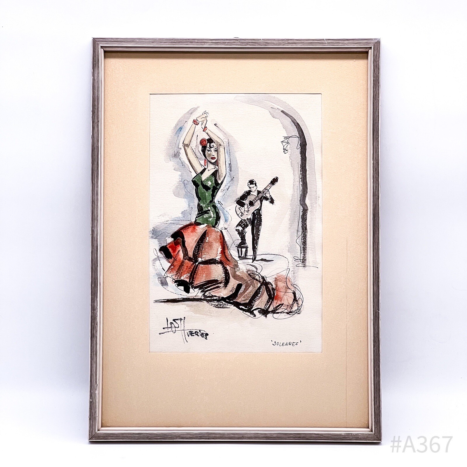 Vintage Watercolor Painting Flamenco Dancer Soleares Framed | 34x47cm