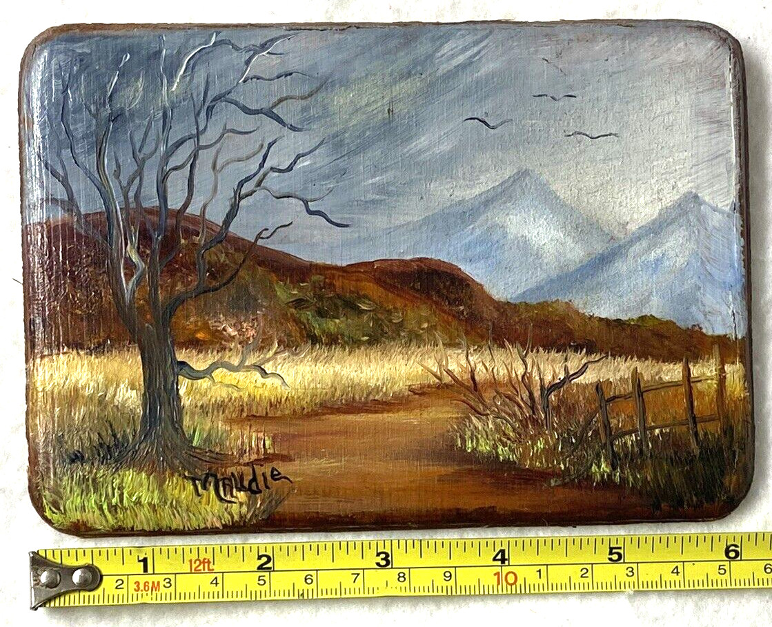 ORIGINAL MINIATURE OIL ON WOOD PAINTING,ENAMEL,ACRYLIC,LANDSCAPE,ROAD,MOUNTAINS!