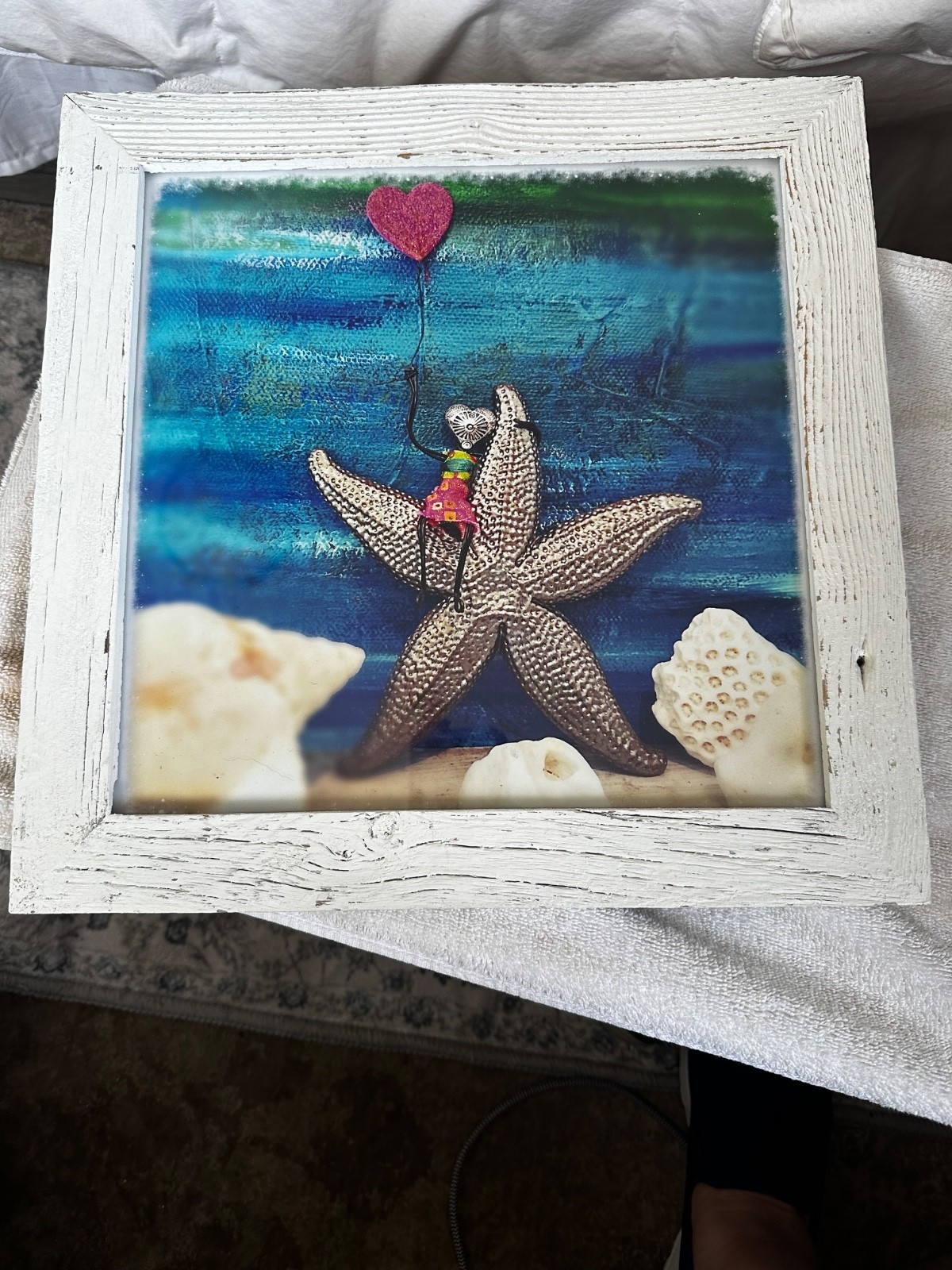 Ocean coastal whimsical art with rustic frame 14 1/2. X 14 1/2