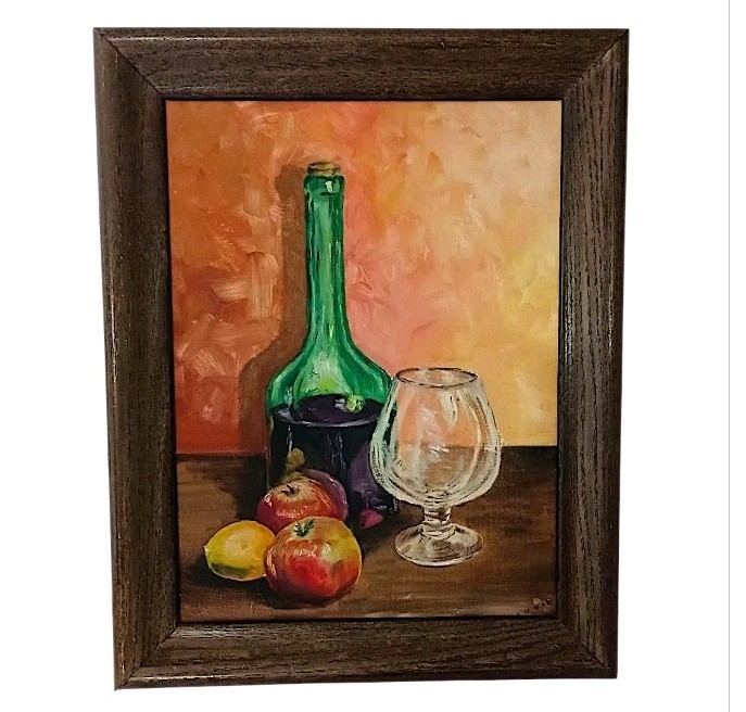 Still Life Original Oil Painting Vtg Wood Framed Wine Bottle & Glass Fruit MCM