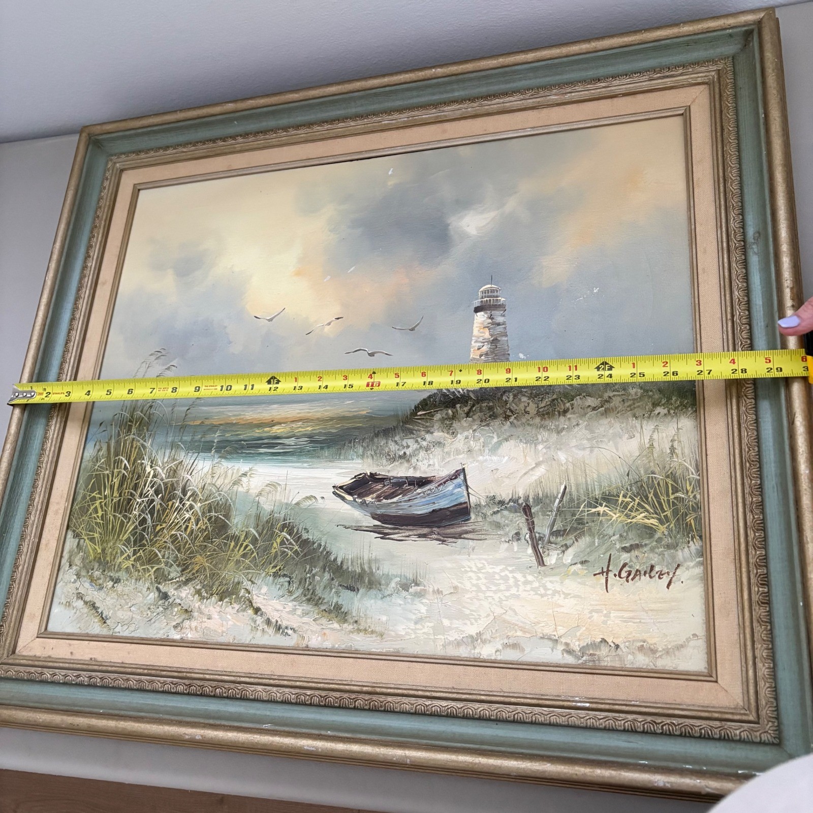 H Gailey Signed Original Oil Painting Lighthouse Beach Boat Peace Framed 29×25