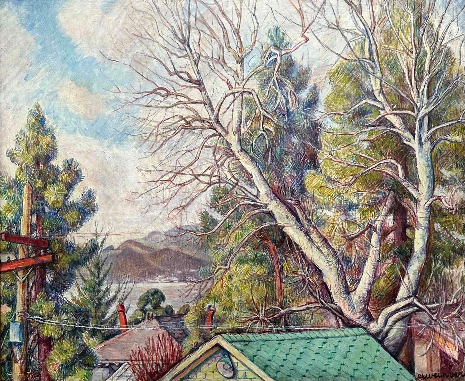 Emilie Sievert Weinberg -San Francisco Bay View Over Rooftops -circa 1930s/40s
