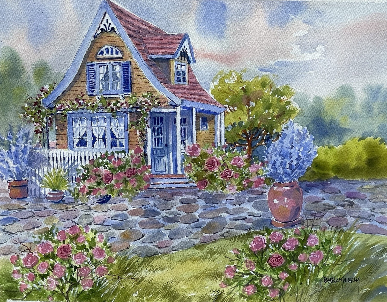 11×14” Original Watercolor Pamela Wilhelm Victorian House Stone Flower Garden