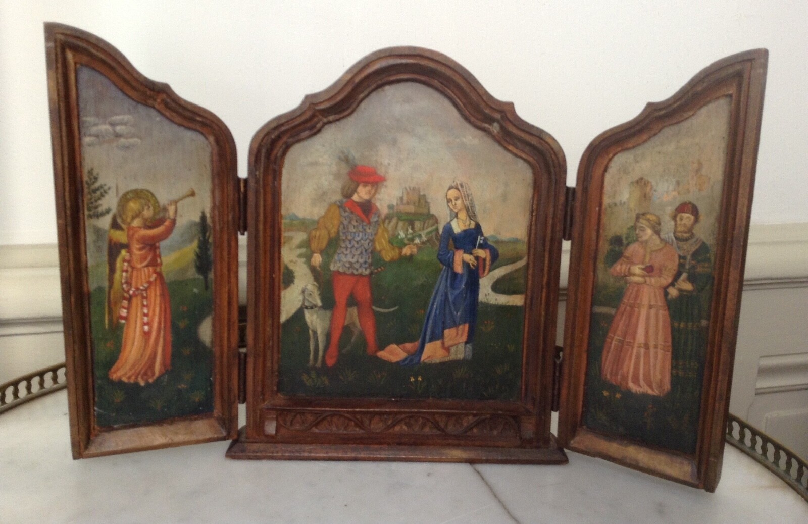 19th Century ANTIQUE TRIPTYCH Angel Figures Dog Middle Ages RARE Oil Painting