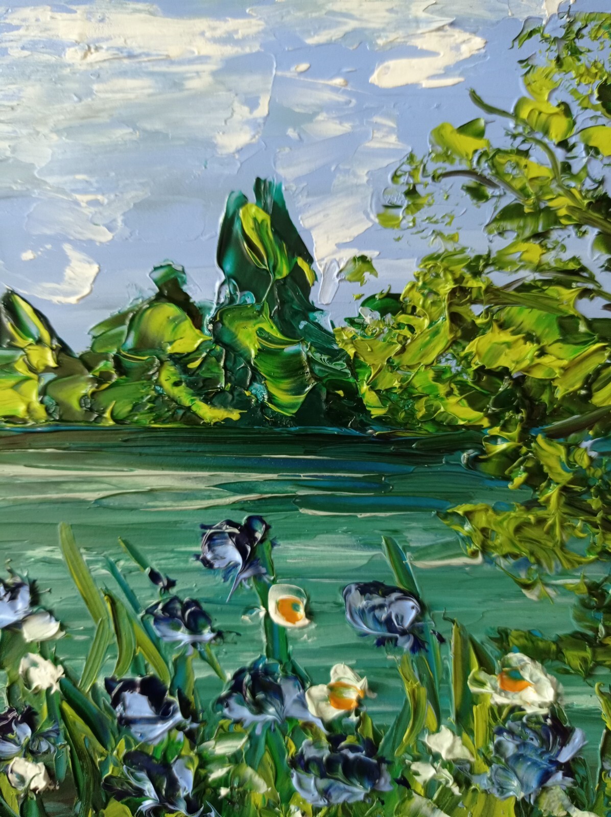 Cornflowers Sunset River Original Oil Painting Flowers Landscape Art size 6 x 6″