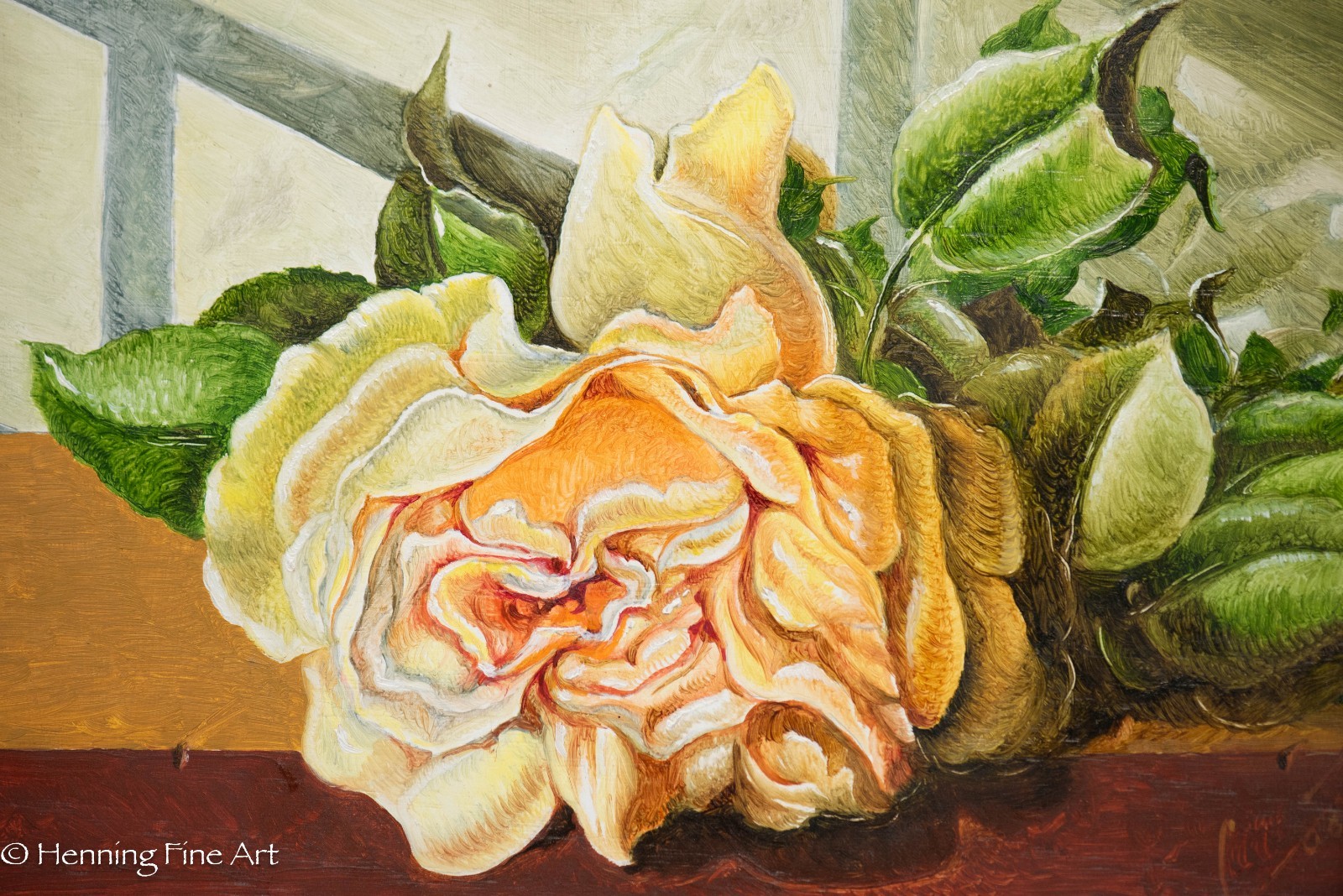 Stunning Oil Painting of Yellow Rose in Window Illegibly Signed, Fine! 16×18″