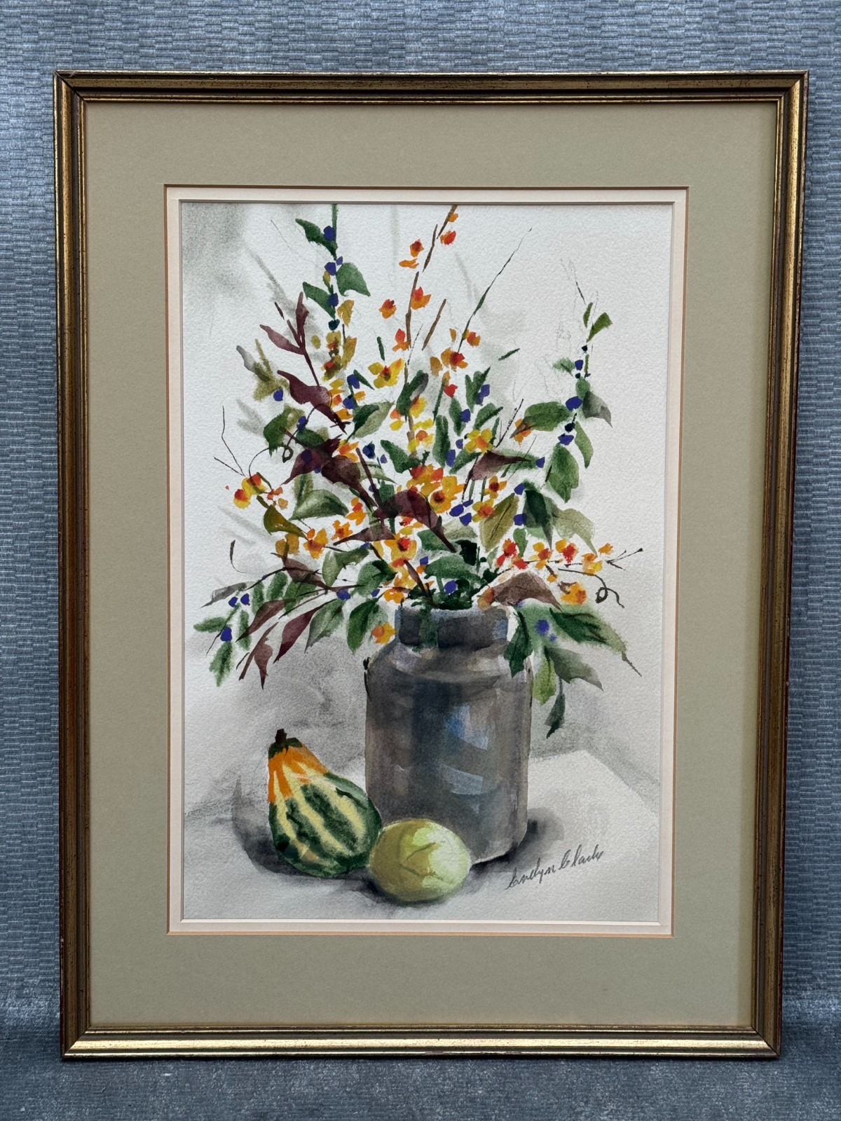 EVELYN BLACK SIGNED WATERCOLOR PAINTING STILL LIFE VASE FLOWERS GOURD ORIGINAL