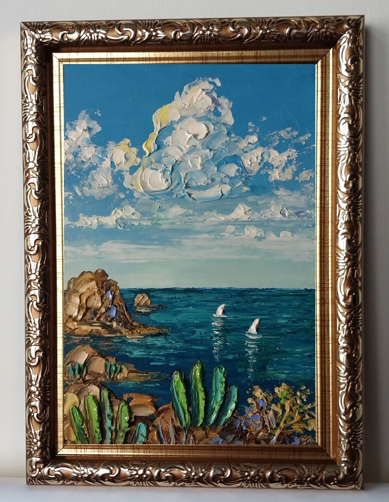 Framed Cacti Seashore Mexican Seascape Sailboats Art 4×6” Oil Painting Original