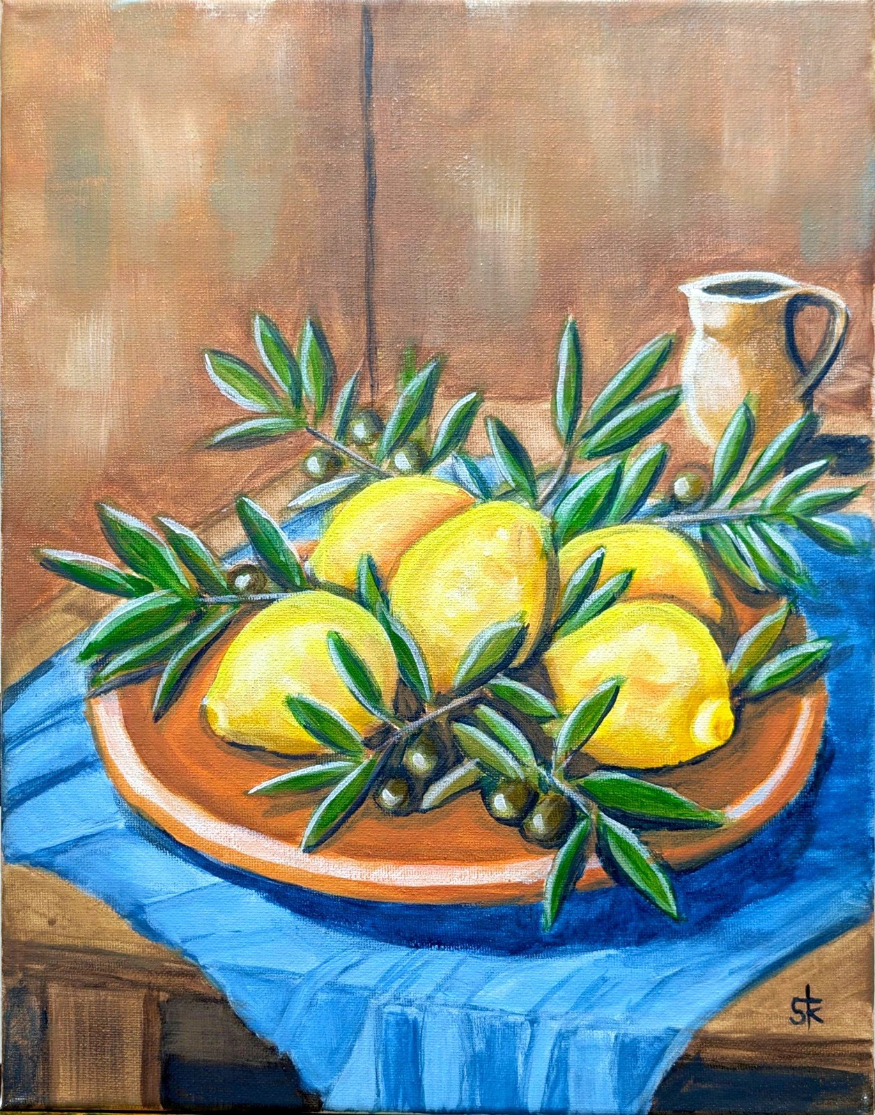 Original Contemporary 11×14 Signed Lemon Olives Acrylic Canvas Table Art