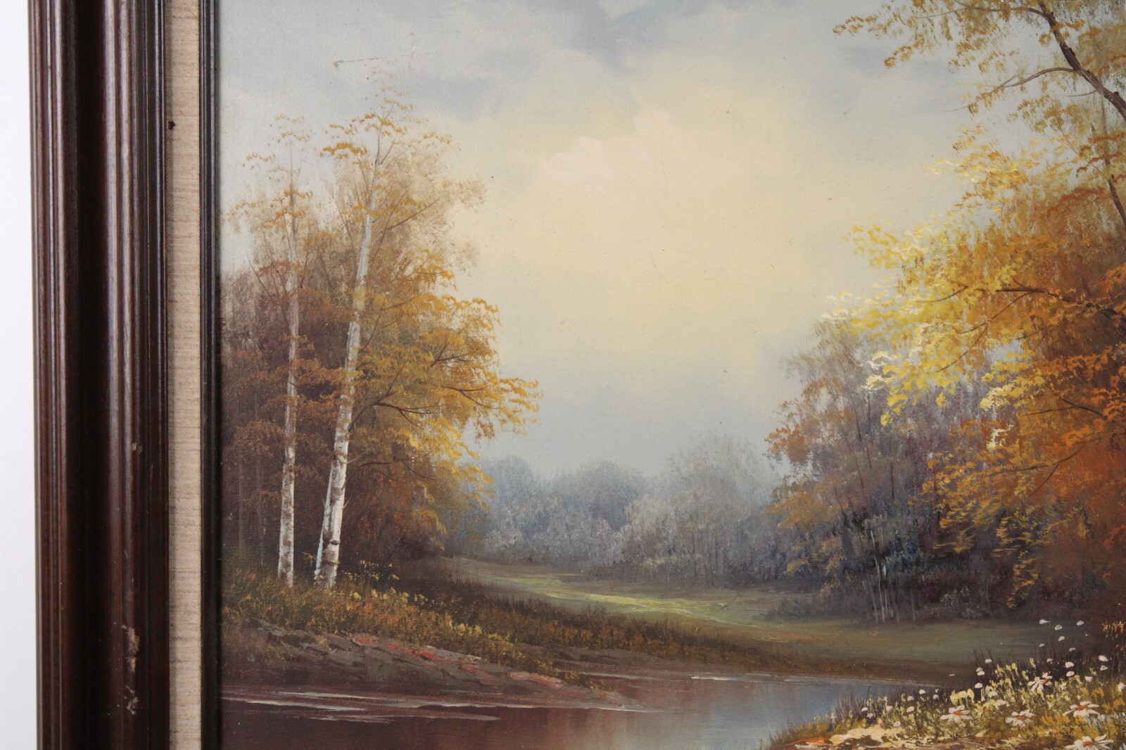 Vintage Forest Stream Landscape Scene Oil Painting On Canvas Signed Illegible