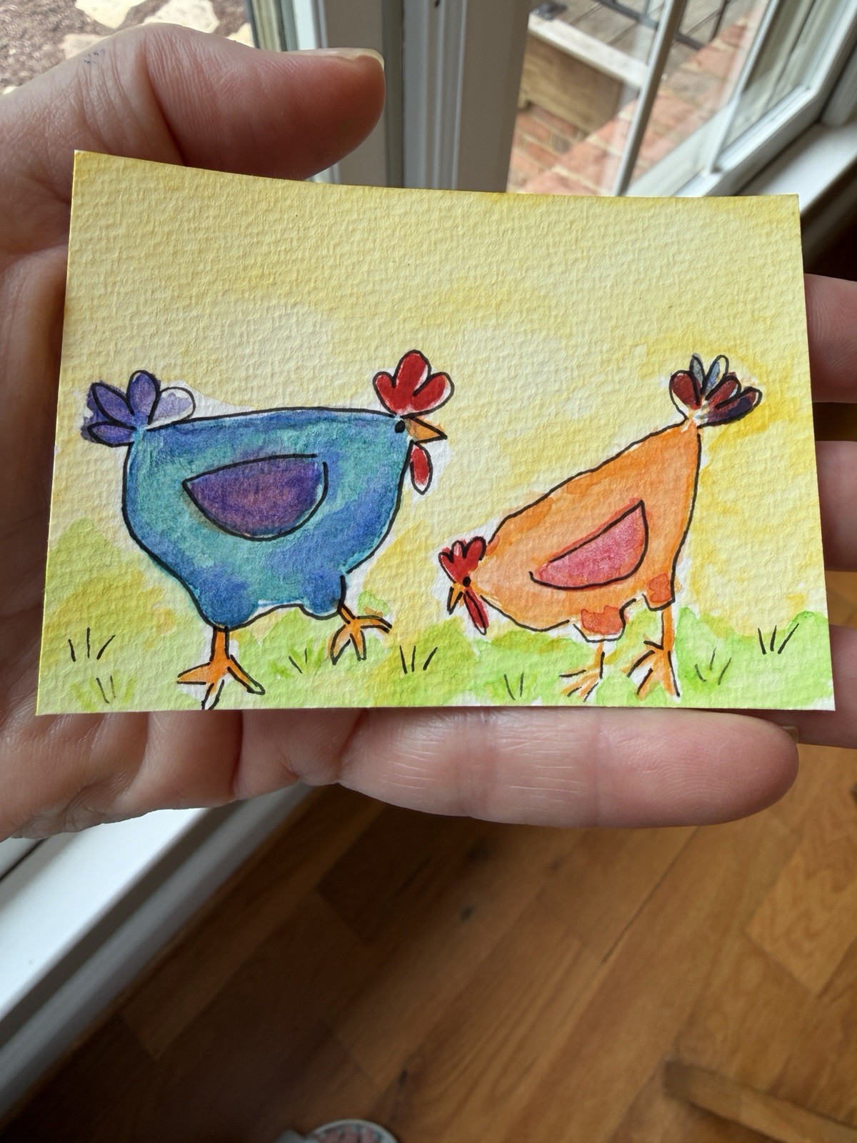 ACEO Original, Signed, Whimsical Chickens on a Farm. Artist; one anxious Lady