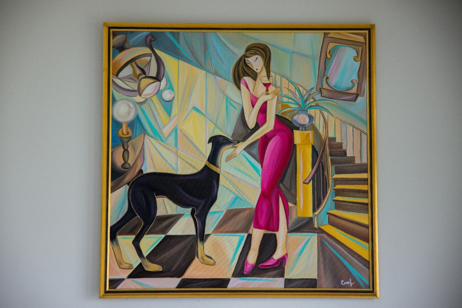 Handmade Original Acrylic Painting – Huge 36×36 – «Woman with a Dog» – Framed