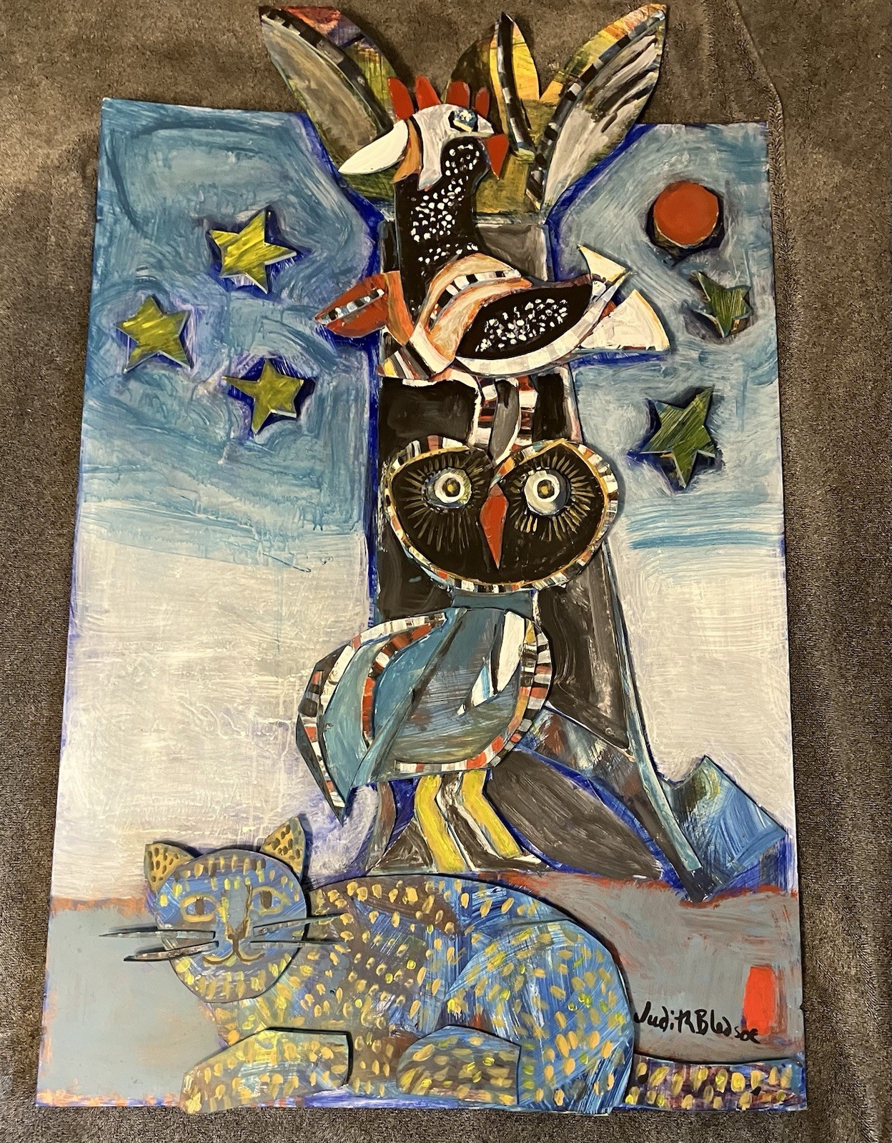 Judith Bledsoe ORIGINAL !!! Art Painting Estate Find !!! Cat Owl Bird Totem 43”