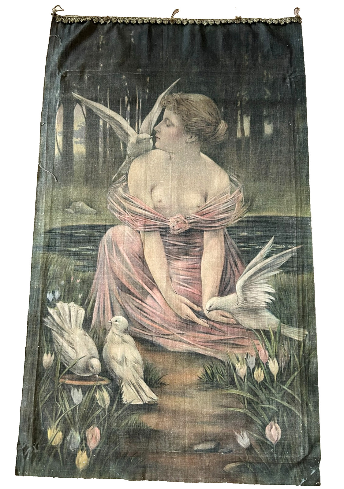 Antique Textile Painting on Linen Women w/ Doves Rare late 19th c (OOAK) 26×44»