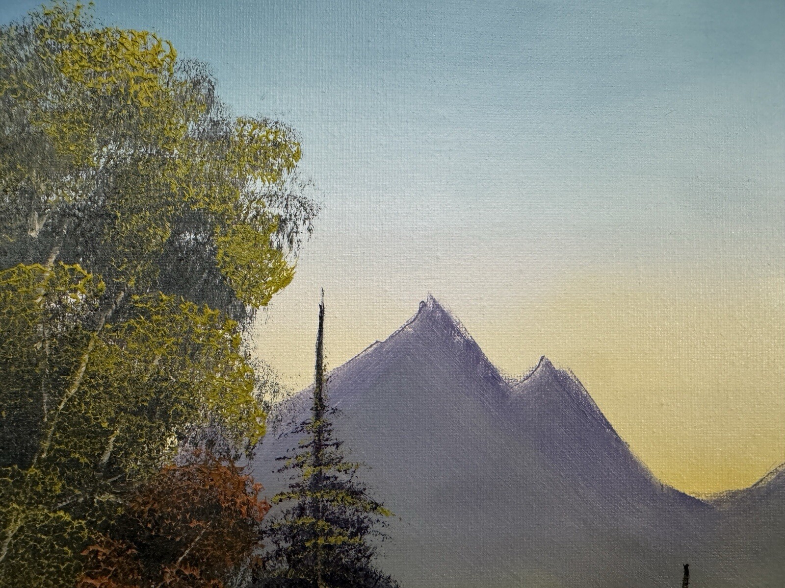 Bob Ross style Mountain Cabin landscape oil painting 16×20