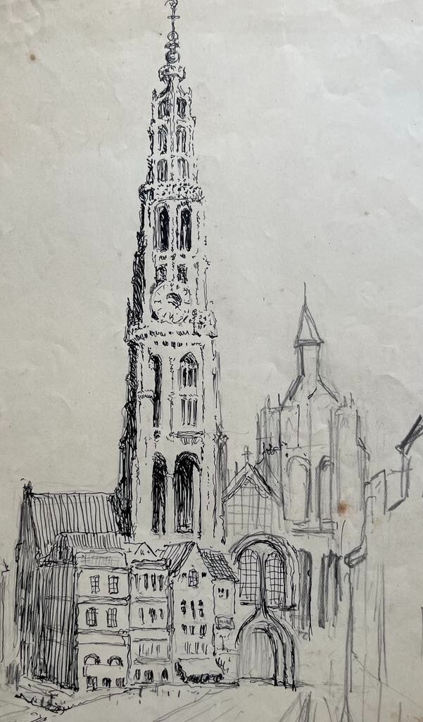 CLEWIN HARCOURT AUSTRALIAN INK «BELL TOWER CATHERDRAL ANTWERP» 1905