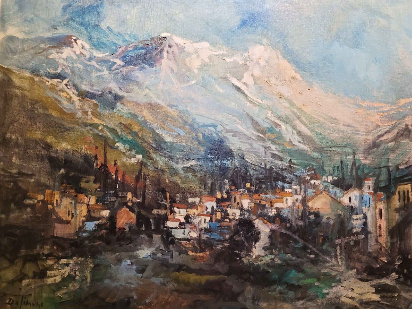 Vintage Large MCM Abstract Framed Mountain Village Painting Signed Landscape Art