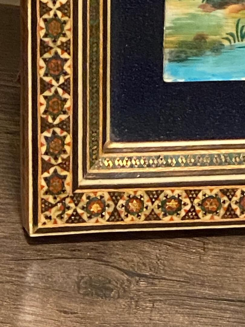 Persian Hand Painted Camel Bone Artwork in Wood Khatam Marquetry Frame Folk Art