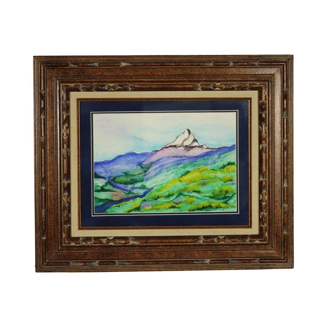 Original Watercolor Painting Mt Hood Landscape Matted & Frame Signed 12×16 in