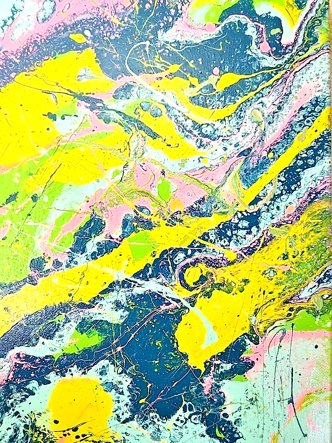 Acrylic Pour Painting Abstract Yellow Pink Blue Green 9×12 Unframed OOAK Gift