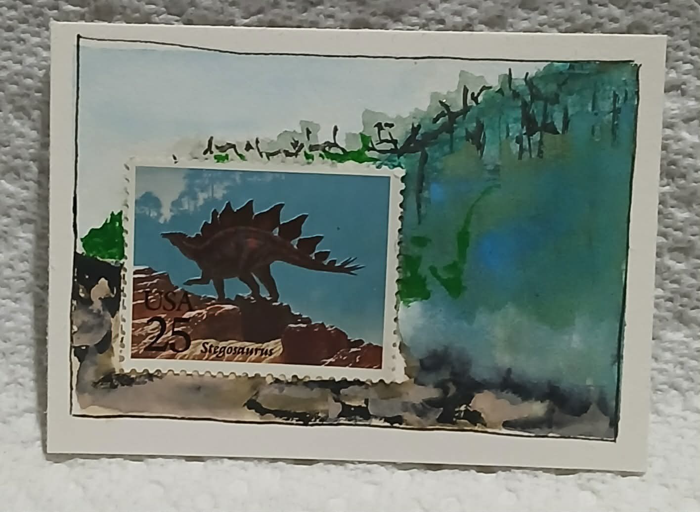 Postal Whimsy ACEO — Stegosaurus 25¢ Stamp with Watercolor Prehistoric Scene