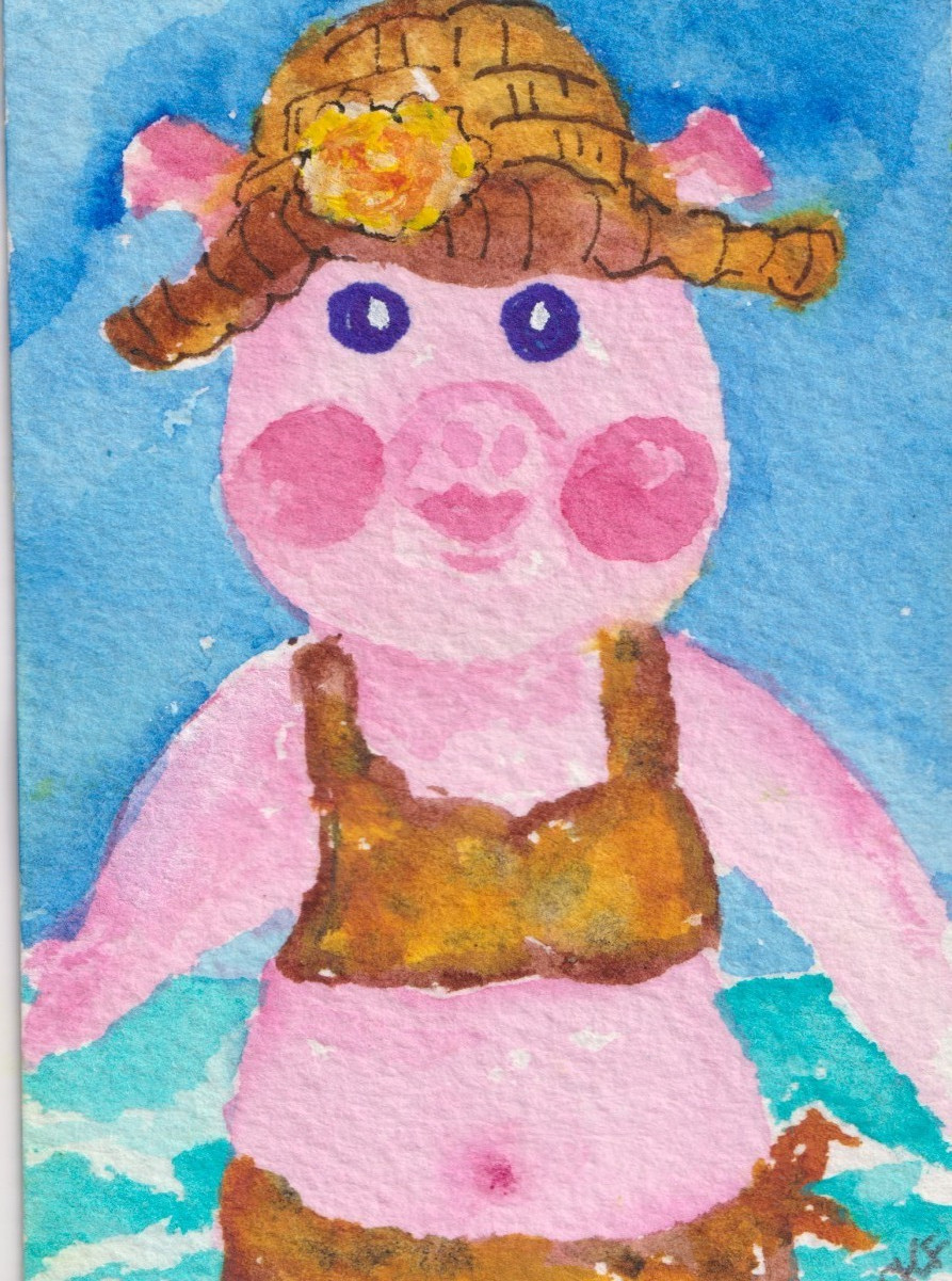 ACEO Original Pig in Leopard Swimsuit Watercolor Painting, Sharon Foster