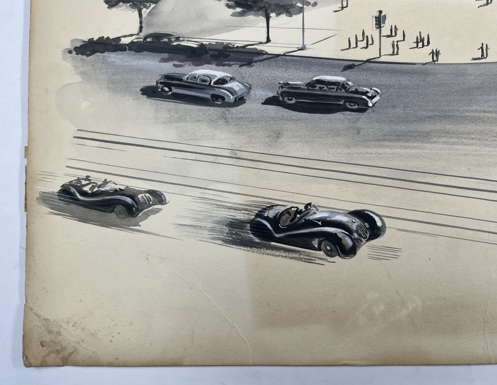 Postwar Ink & Wash Painting City Scene with Classic Cars 10×15” Illustration Art