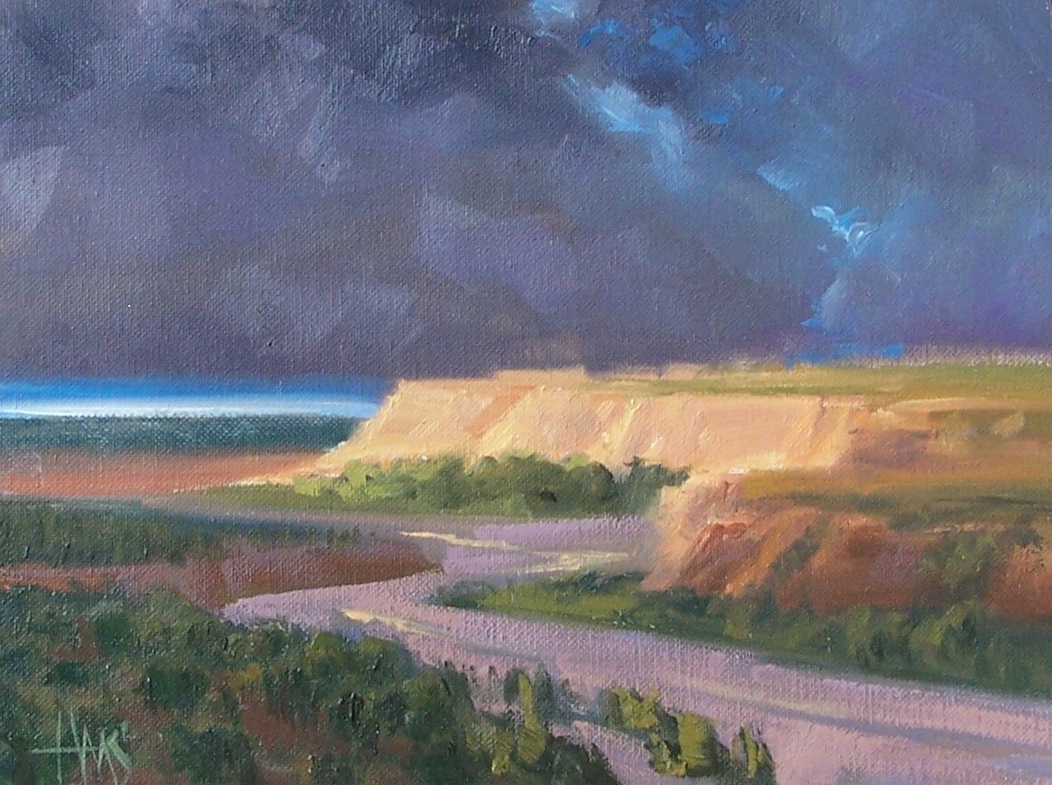 TOM HAAS painting ‘Mesa Storm’ oil 9″x12″ northern Arizona desert wash mountains