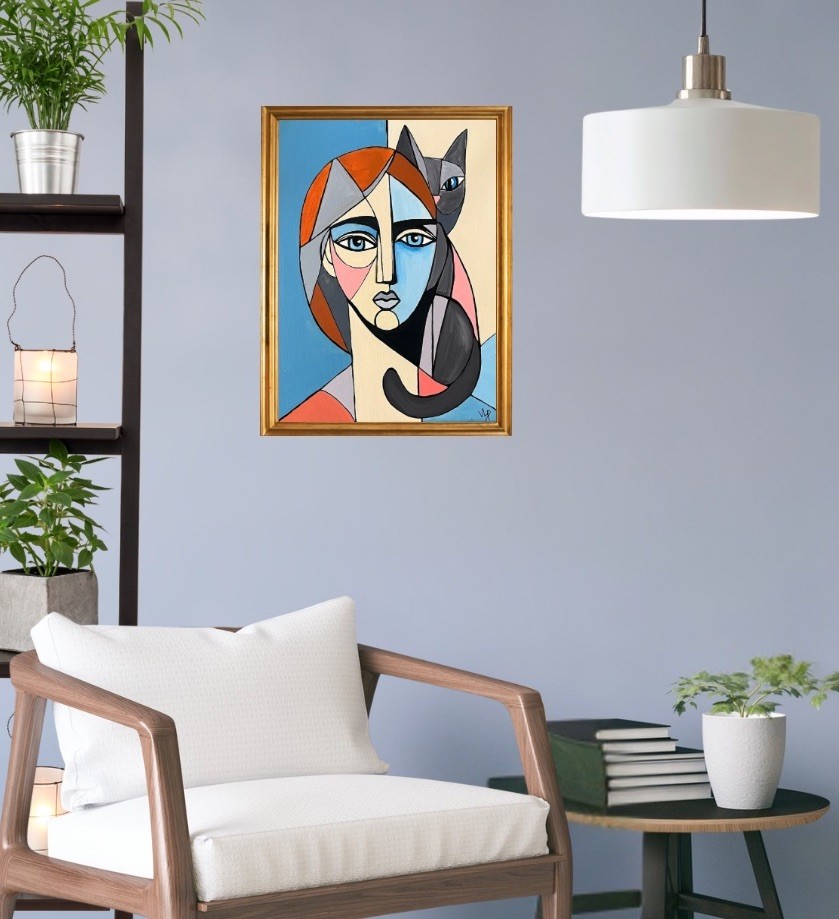 Original Cat Lady Picasso Inspired Modern Cubist Art 14×11” Canvas Acrylic VLP