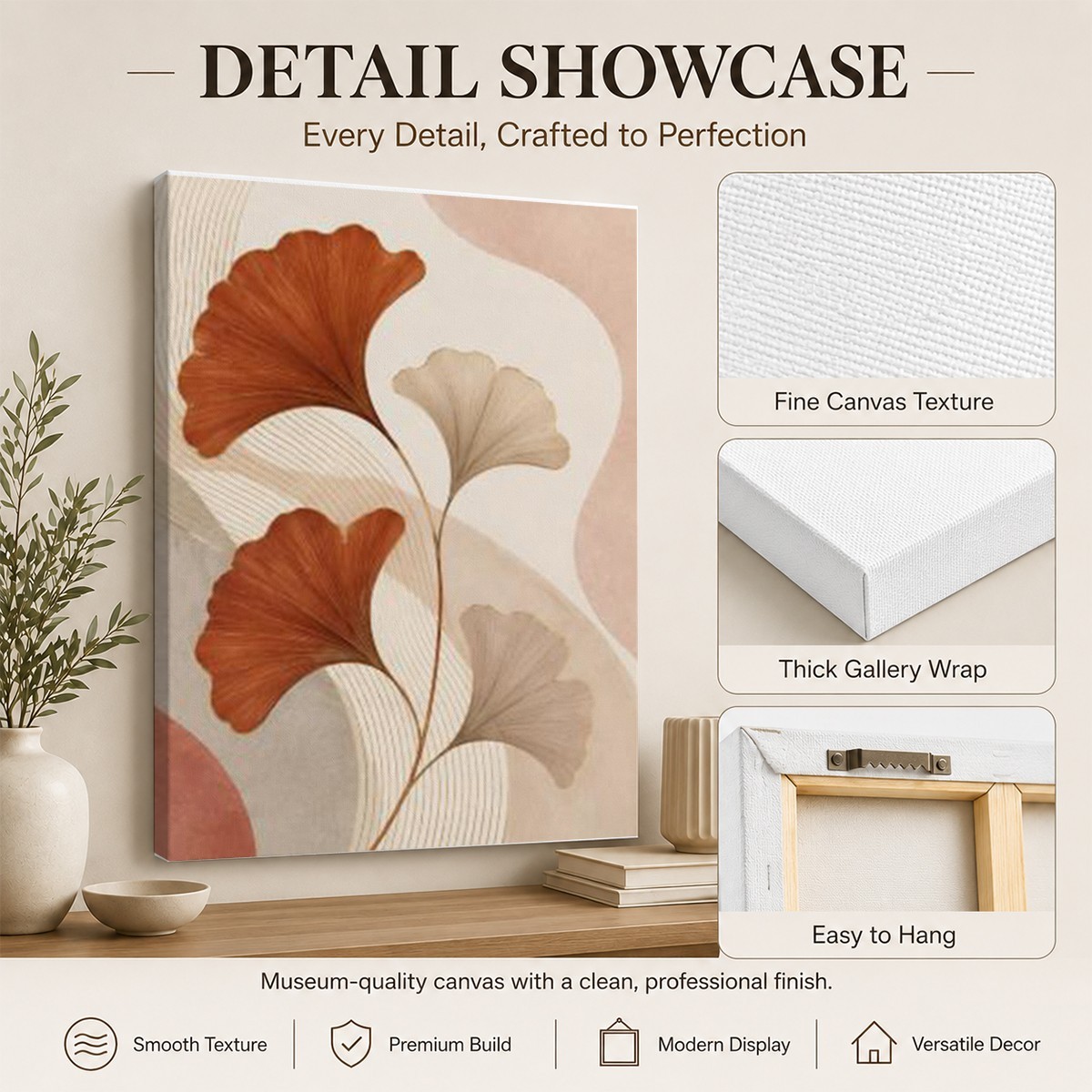 Rust Orange Ginkgo Leaf Canvas Wall Art Abstract Botanical Print Neutral Home