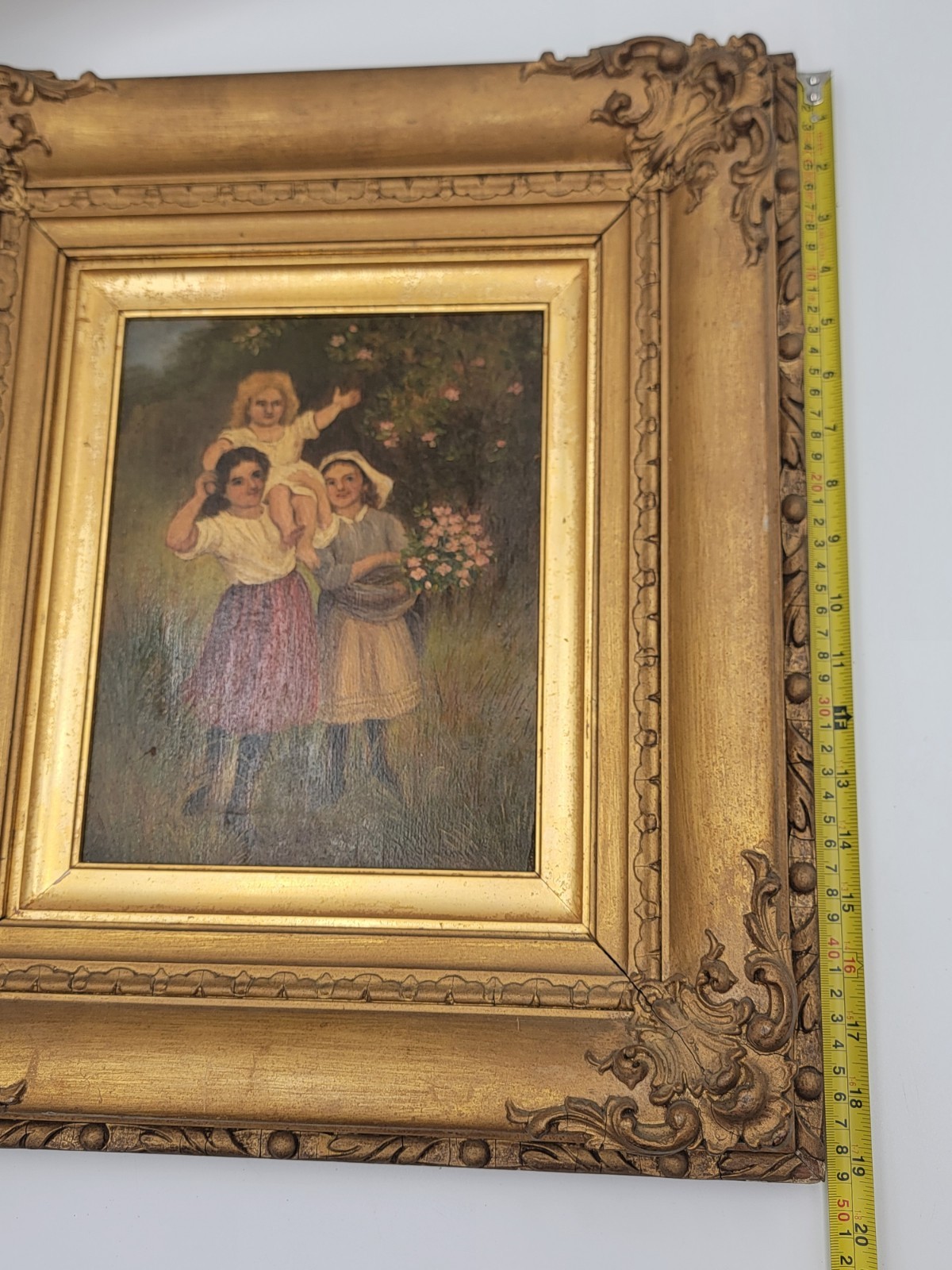 Rare 19th C Children Playing French Oil Painting Signed wood panel Guilded Frame