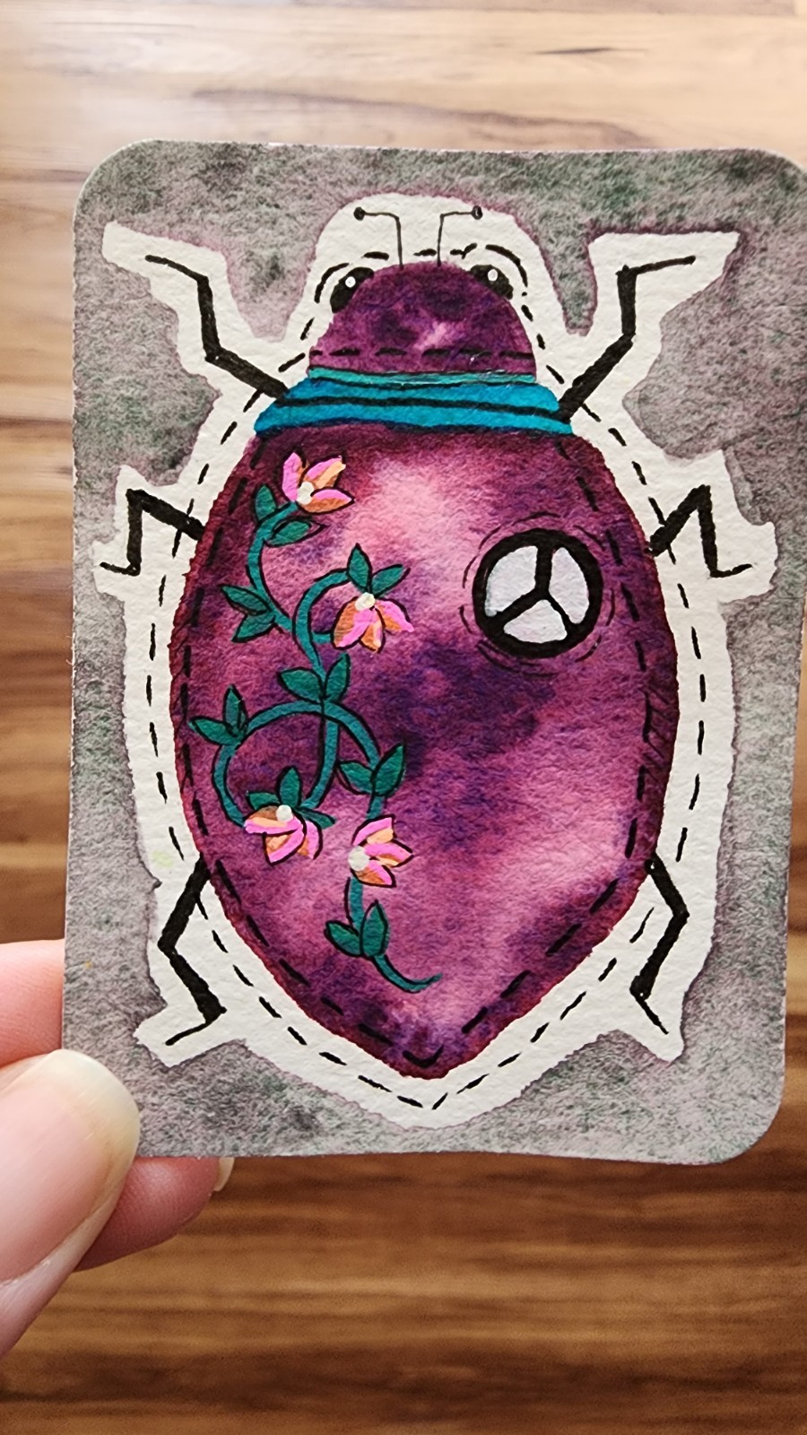 ACEO Original Trading Card Watercolor PEACE Beetle