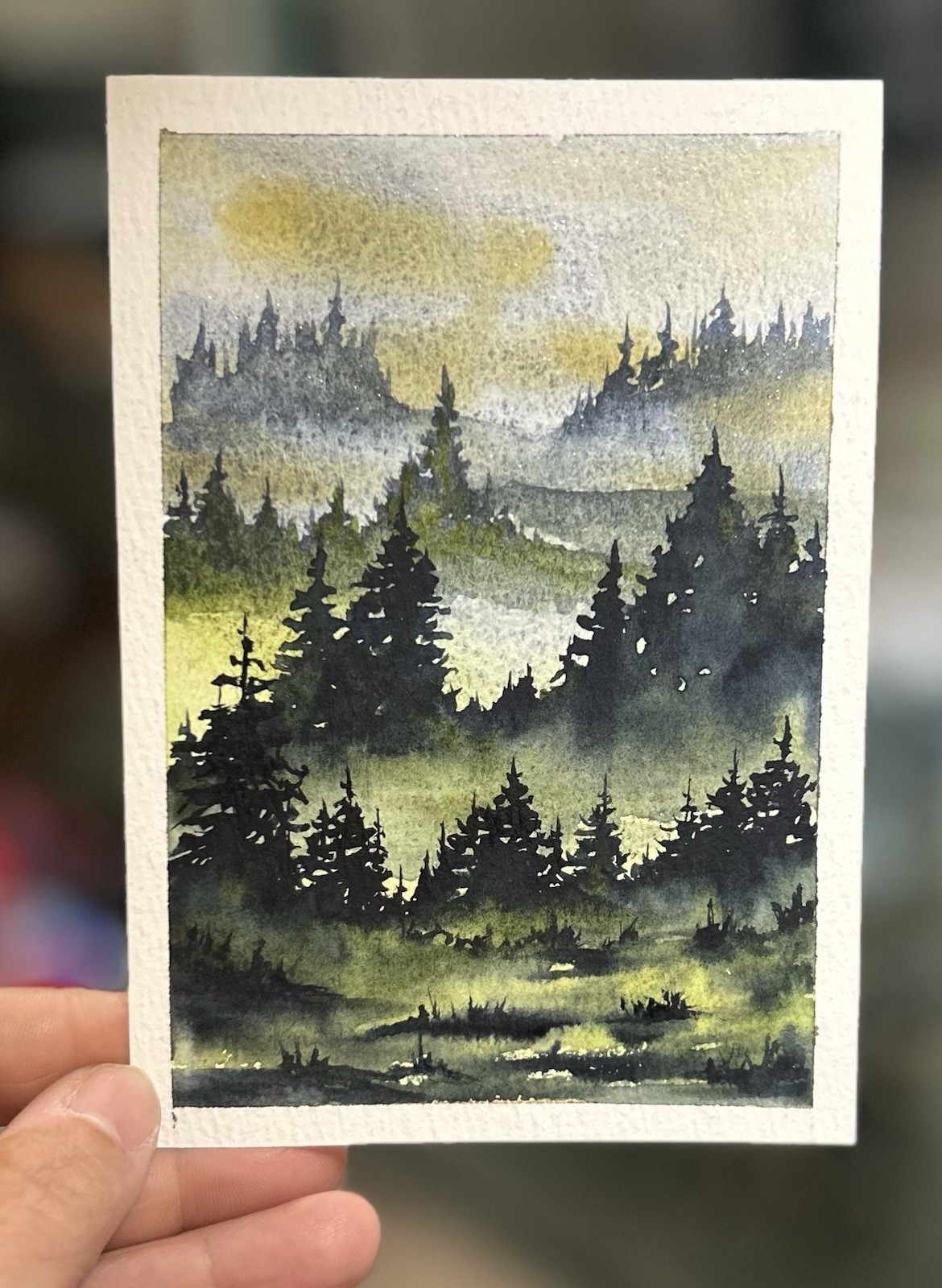 Postcard Painting, Watercolor Painting Landscape Trees, Signed By Sasha Lehto