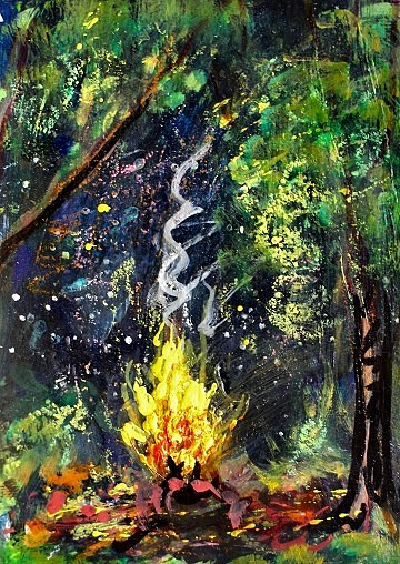 ORIGINAL ACEO Painting CAMPFIRE Night Fire TREES Woods Bonfire Camping ATC ART