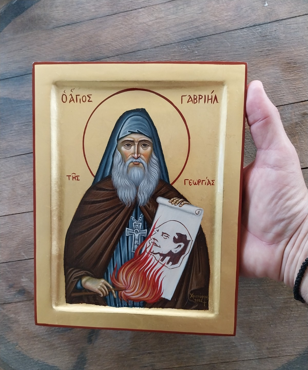 Original hand painted Saint Gabriel of Georgia Orthodox icon GOLD 16×22 wood