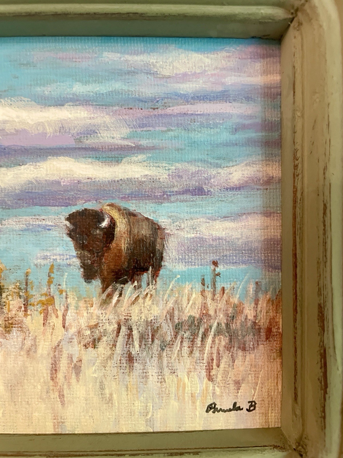Buffalo Prairie Landscape Original Painting Framed Mini Western Art