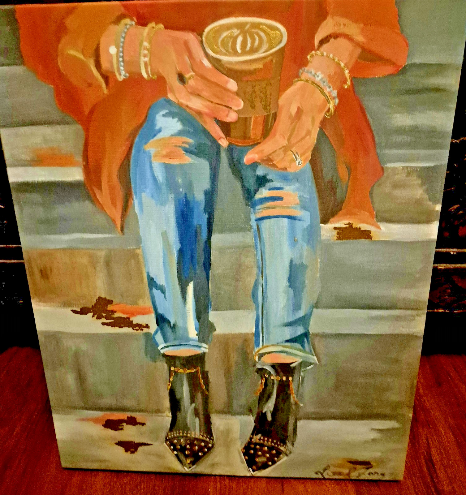 Accrylic Painting Of Starbucks Coffee Artist Signed Liesl Long Impressionist HTF