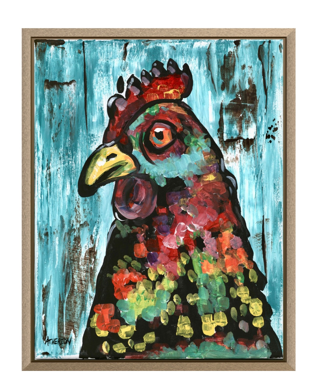 Atherton 11×14 Original Abstract Rooster Painting «Cyan Chicken» hand signed