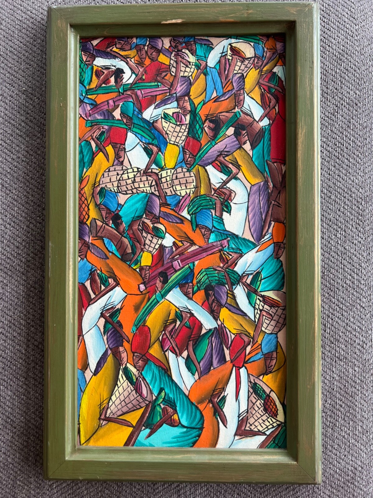 Original Haitian Market oil painting in wooden frame 9.5”x17”