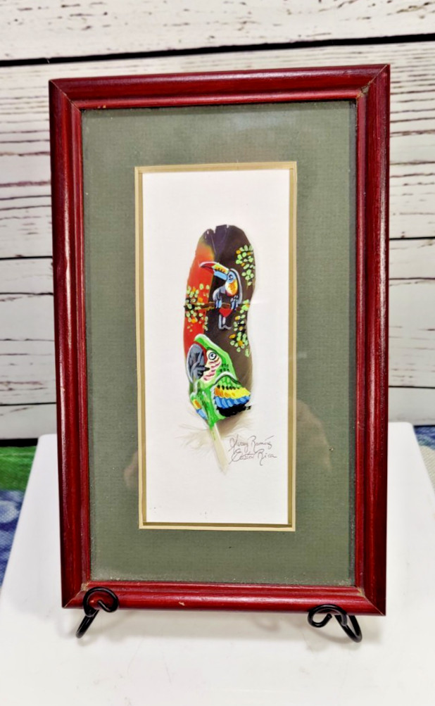 Vintage Souvenir Costa Rica TOUCAN Folk Art Painting on Feather Signed framed