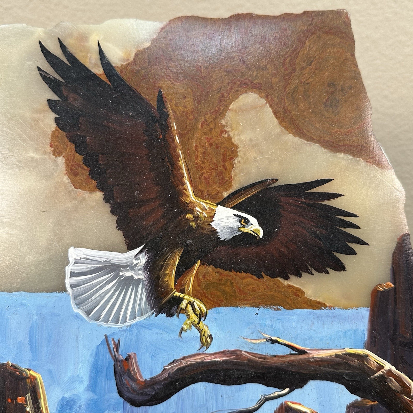 Flying Eagle Landing On Perch Painting On Stone Slab Native American Art Mexico