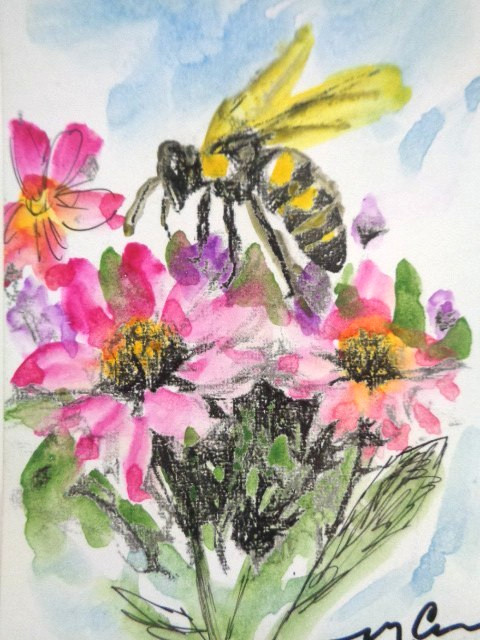 ACEO Pretty BEE ON SPRING FLOWERS FLORAL Watercolor Painting