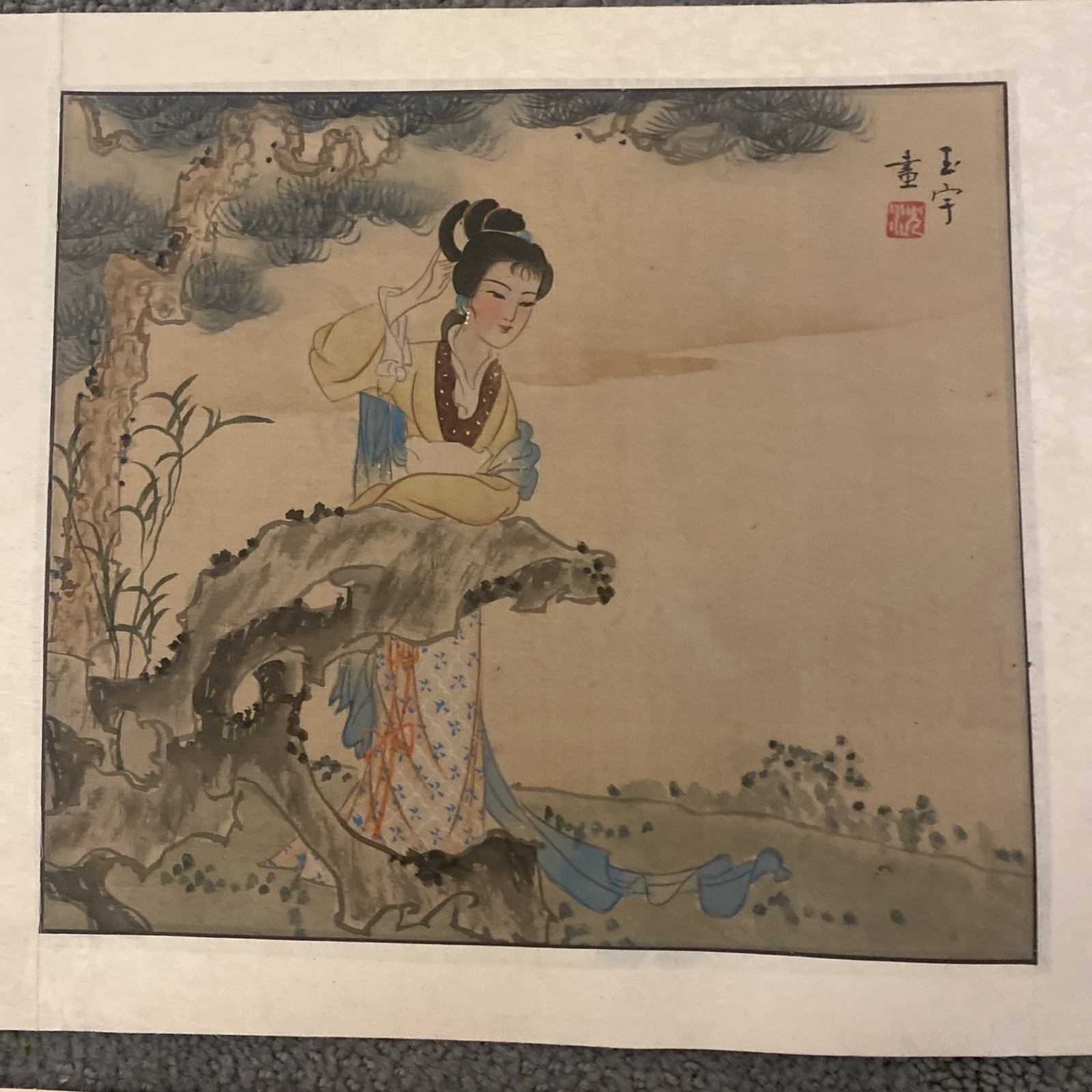 Chinese Hand Painting on Silk Set Of 2 Woman sitting Under Tree Signed Rare!