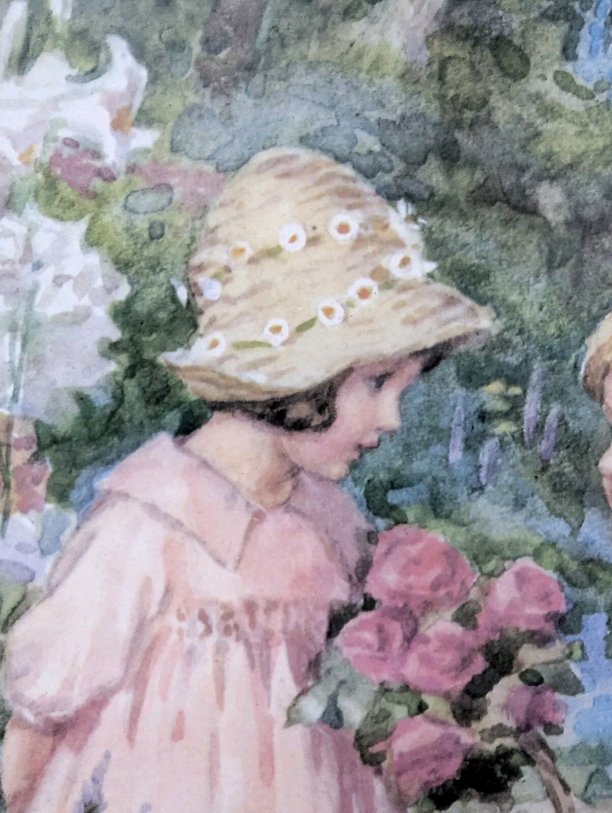 Margaret W. Tarrant, «The Proposal» Watercolor Girl & Boy In Garden 17x 14in