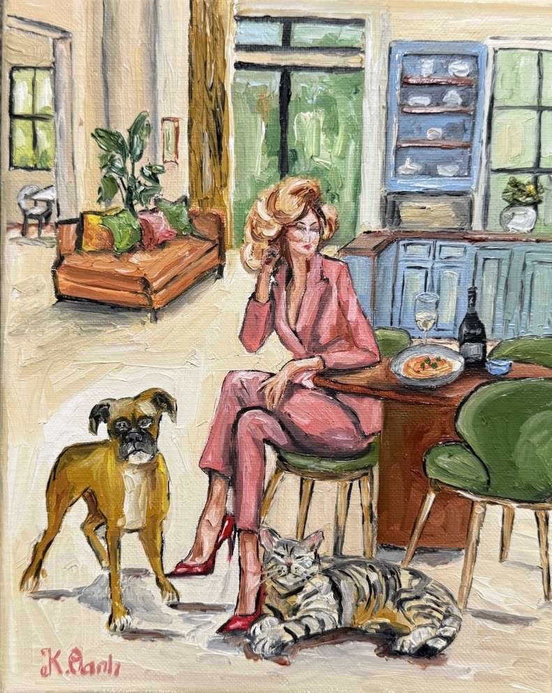 ORIGINAL OIL PAINTING A WOMAN BOXER DOG TABBY CAT INDOOR SCENE SIGNED 8×10